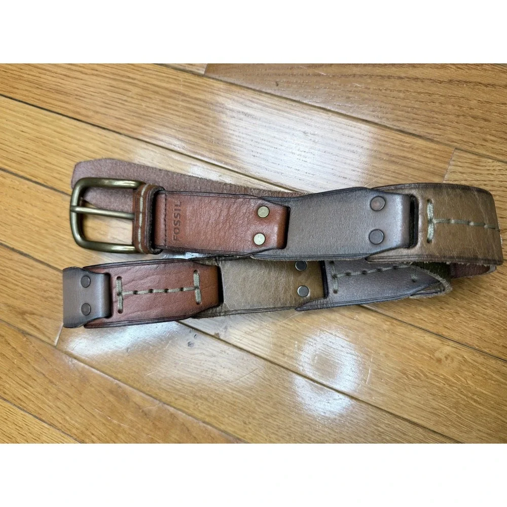 Fossil Brown Patchwork Genuine Leather Belt Large Brass Buckle‎ Rivet L